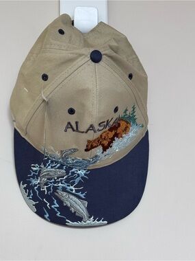 NWT Headgear Alaska Embroidered Bear & Salmon Baseball Cap - Tan and Blue